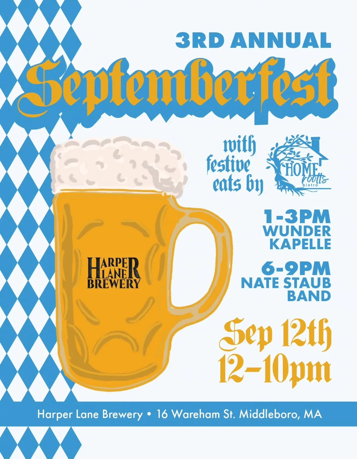 SAVE THE DATE!! One week until Septemberfest at the brewery!! Sept 12th from 12-10pm

Wunder Kapelle from 1-3pm
Stein holding contest at 2pm

Nate Staub Band from 6-9pm
Stein holding contest at 7/7:30

Festive food from @homerootts

1 liter and .5 li
