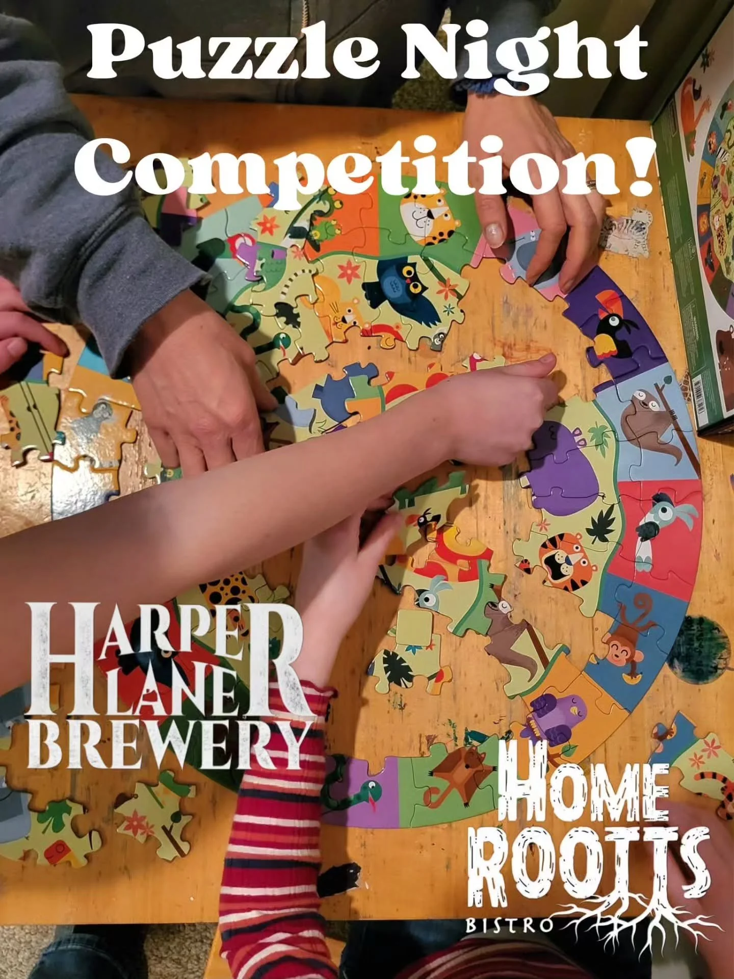 This Thursday! Join us for a free night of fun!

Team Puzzle Night Competition! 

Gather your team of 2-4 people and battle others against the clock! Total time to compete a 500 piece puzzle is 2hrs. If no team completes the puzzle in time we will co