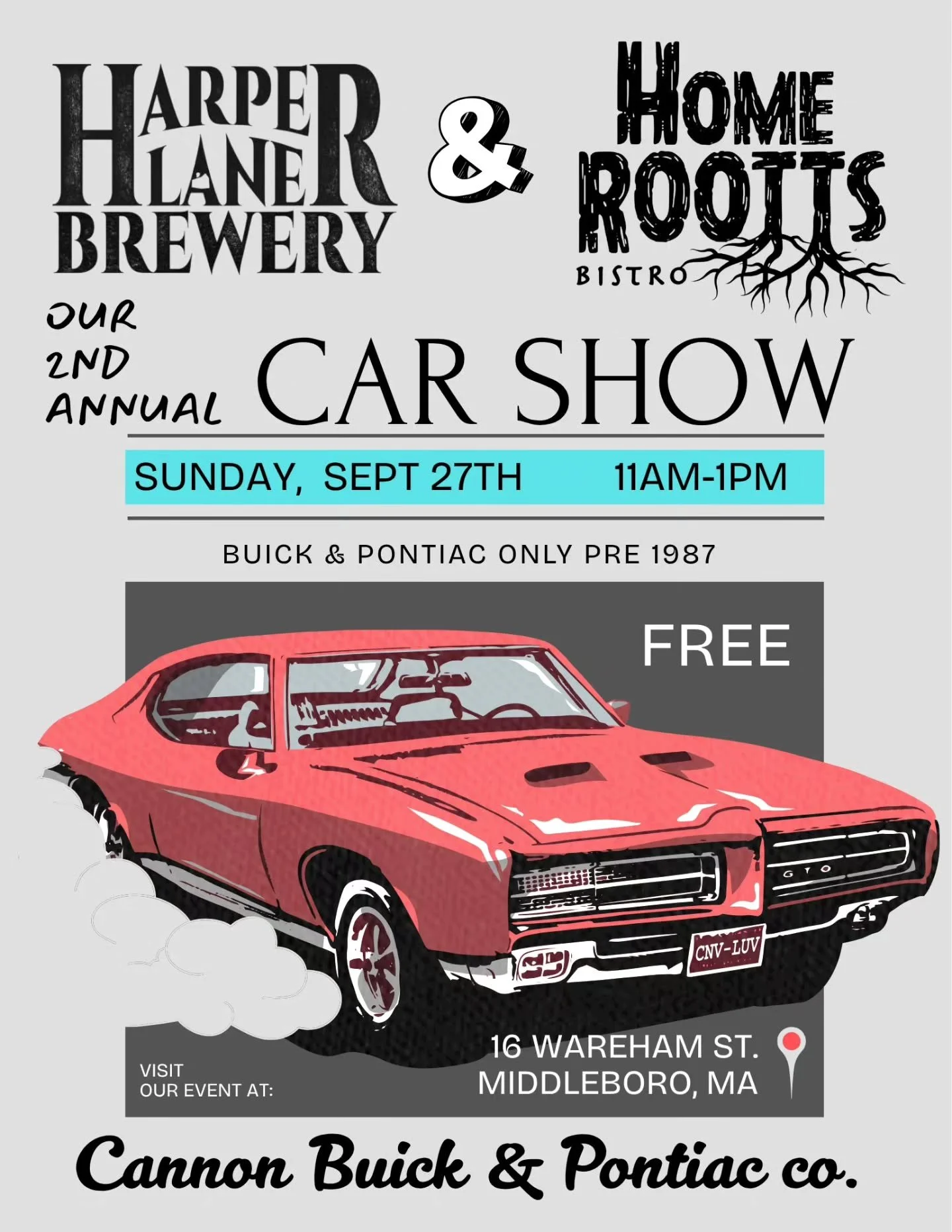 Next Sunday! Our second annual Buick/Pontiac car show 9/27 from 11am-1pm. To honor the dealership that once stood here at the brewery!
 
Cannon Buick &amp; Pontiac co.

Do you have an older Buick or Pontiac? Register your car for the show by emailing