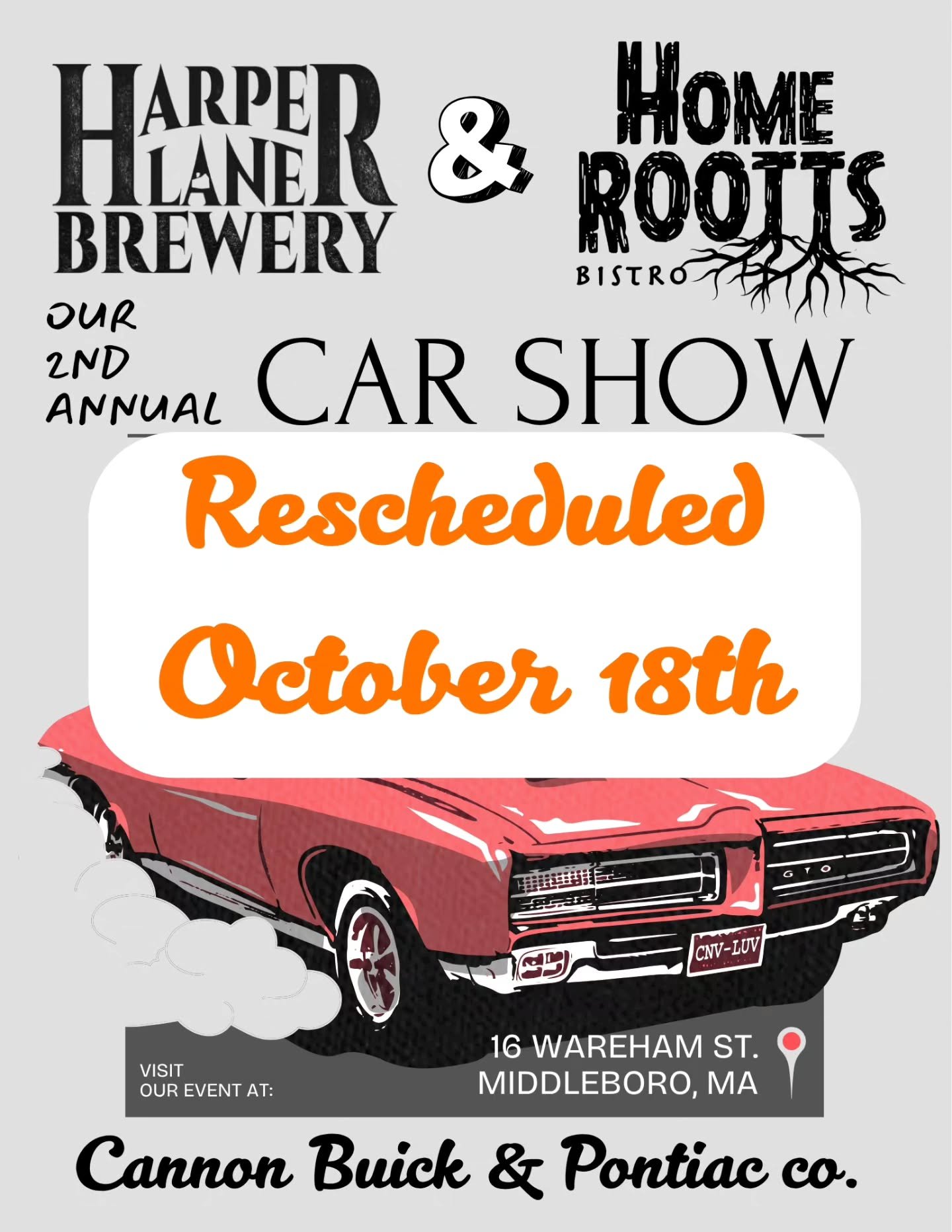 Due to the weather we are rescheduling the car show to Oct 18th. Save the date! 

Email: Harperlanebrewery@Gmail.com to register your car.  Pontiacs and Buicks only please.