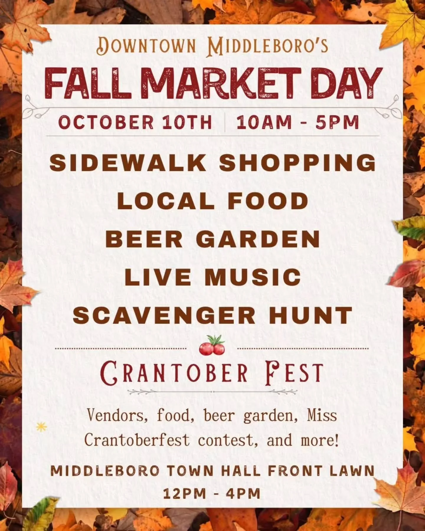 10/10. This Saturday! Lot's going on!!

FALL MARKET DAY-
Come on downtown Middleborough and check out all the local shops, Crantoberfest on the town hall lawn 12-4pm and of course pop in for a beer at Harper lane!

Middleborough Fire Dept 5k-

Oak po