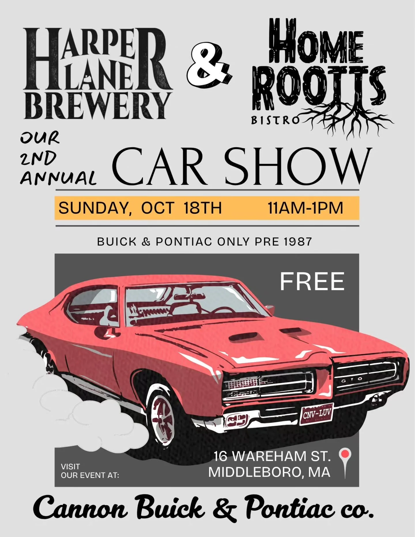 This Sunday Oct 18th from 11am-1pm We are bringing back the dealership that once lived at our space for a day!! Cannon Buick &amp; Pontiac, Co.

Car show will be in our parking lot, customer parking at our neighbors lot across the street! 

Intereste
