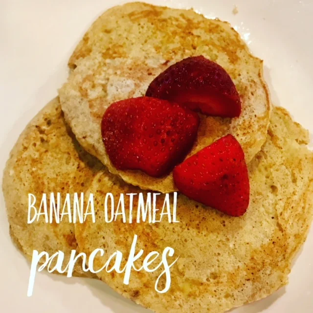 Recipe: 1 ripe banana 1/3 cup oats 2 eggs 1/4 tsp cinnamon Mash bananas with a fork. Grind oats in blender. Mix together all ingredients. Heat coconut oil in skillet and cook as pancakes until both sides golden brown! *you can also add a scoop of protein powder for some extra protein!