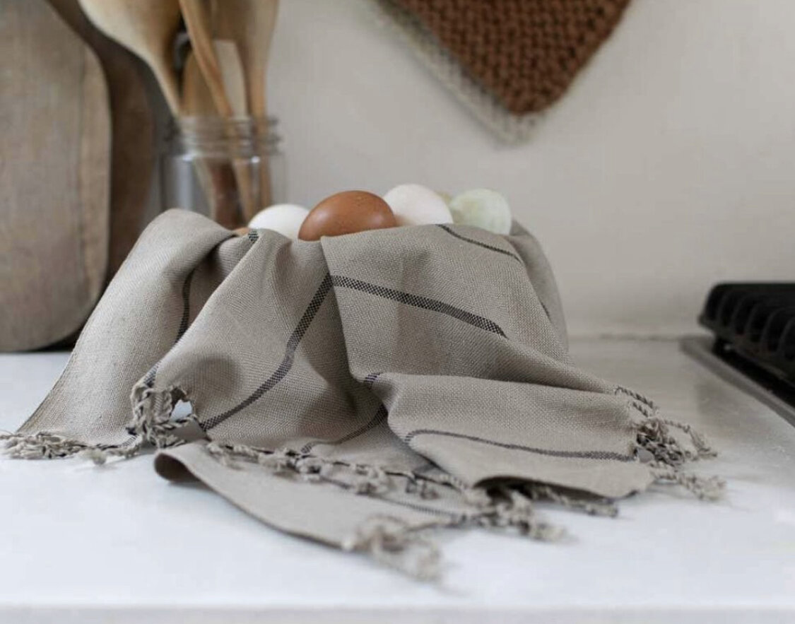 Grey hand towel in basket.