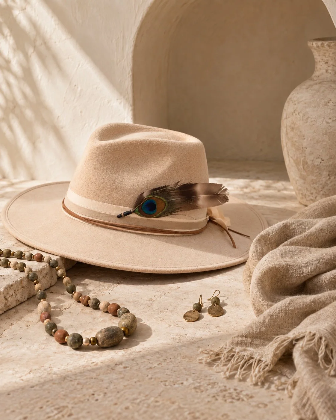 Shop jewelry and accessories: a beige hat, beaded necklace and earrings.