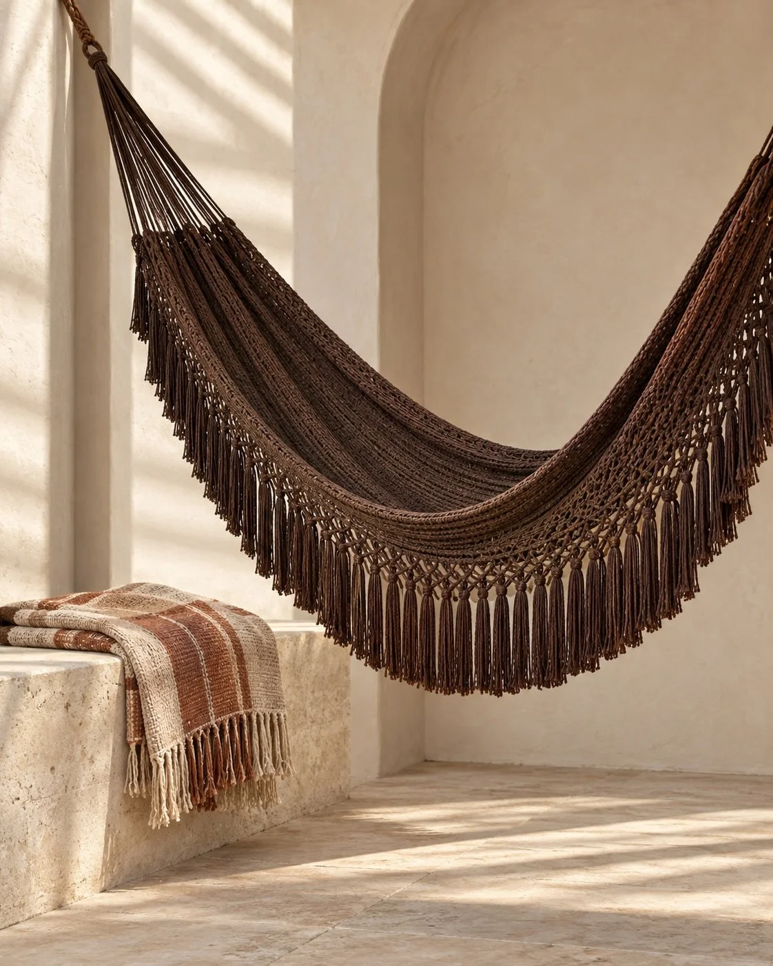 Shop textiles and hammocks: a brown fringed hammock beside a folded throw.