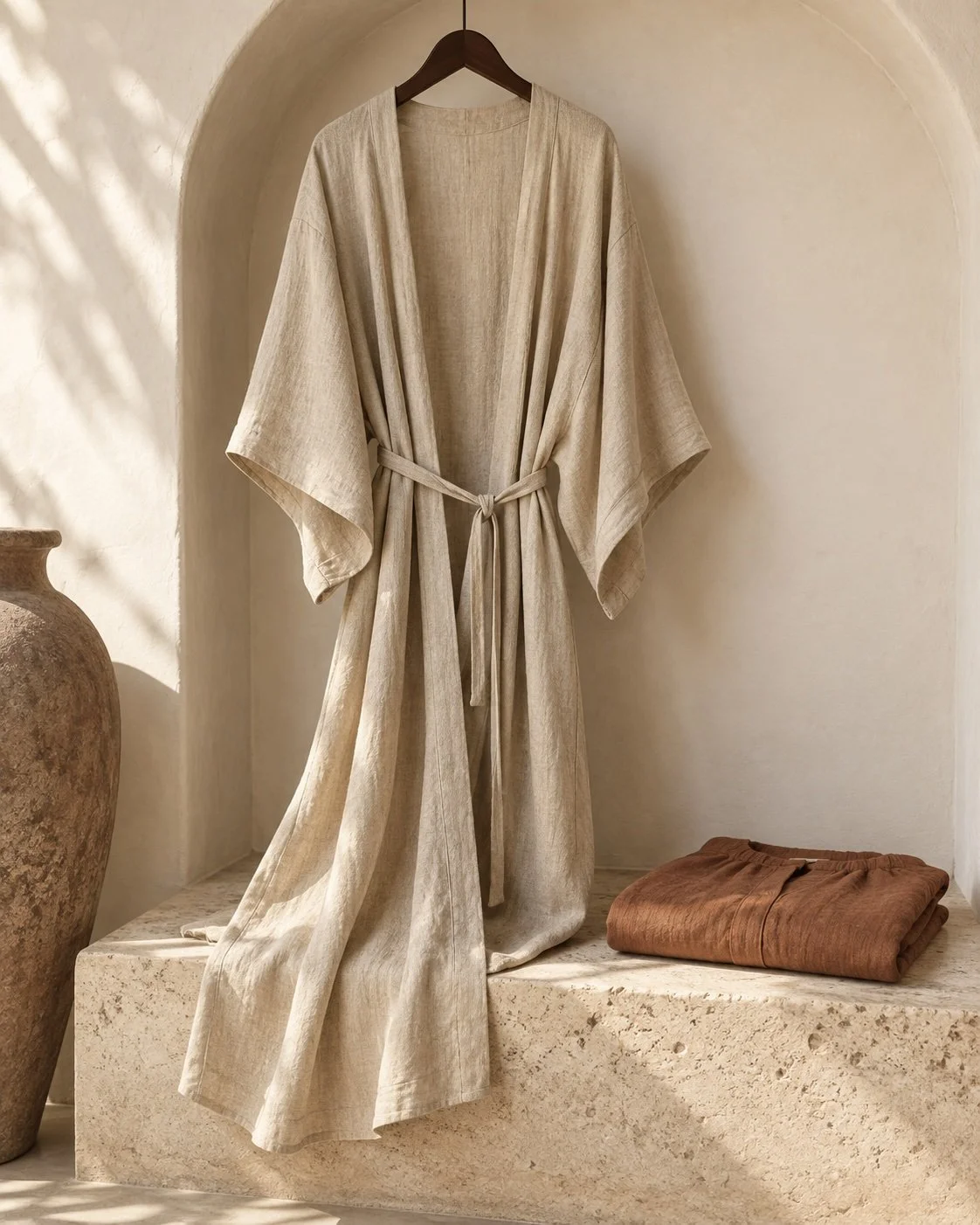 Shop wearable pieces: a cream robe displayed in a warm neutral setting.