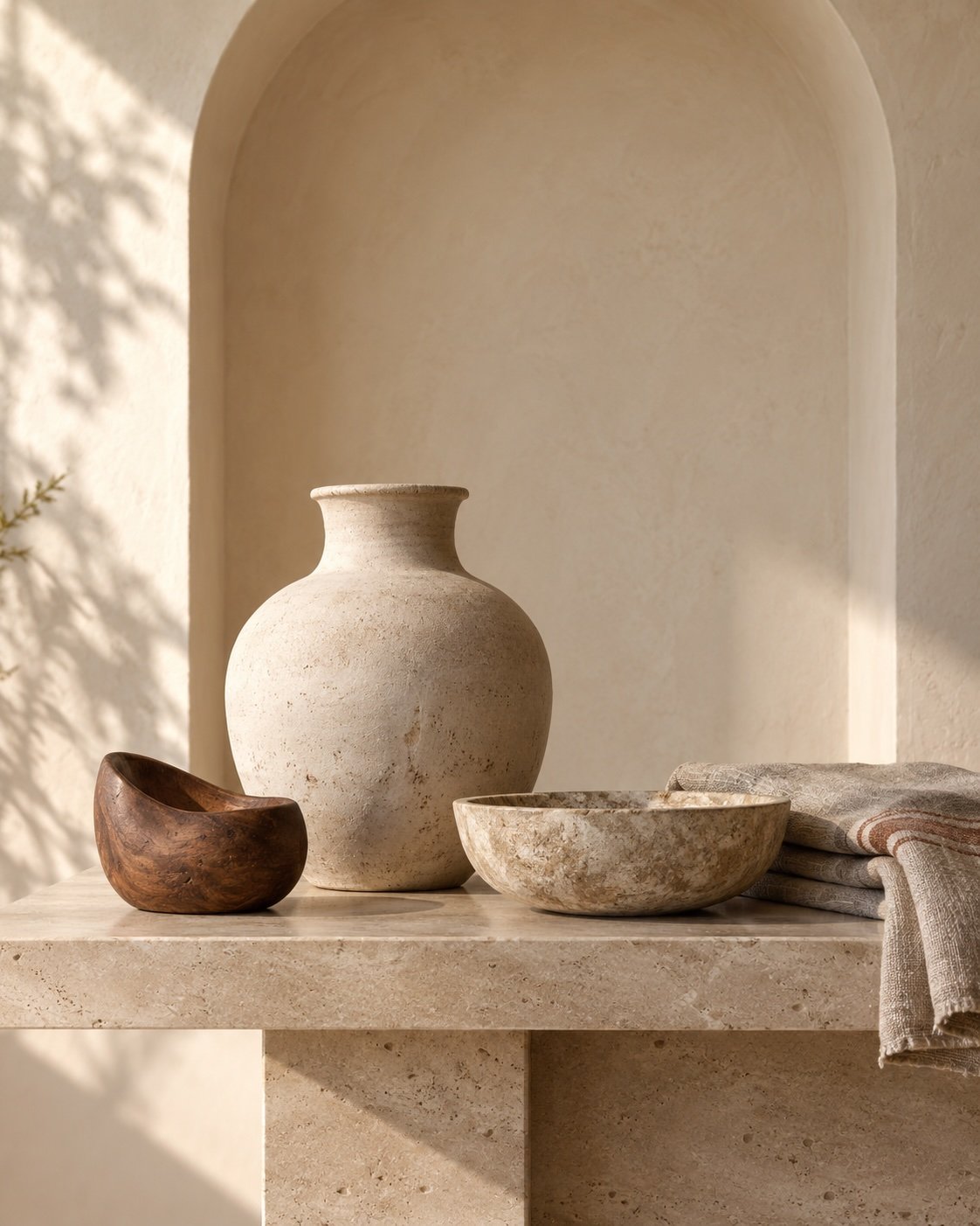Shop home objects: ceramic vases and bowls arranged on a stone shelf.
