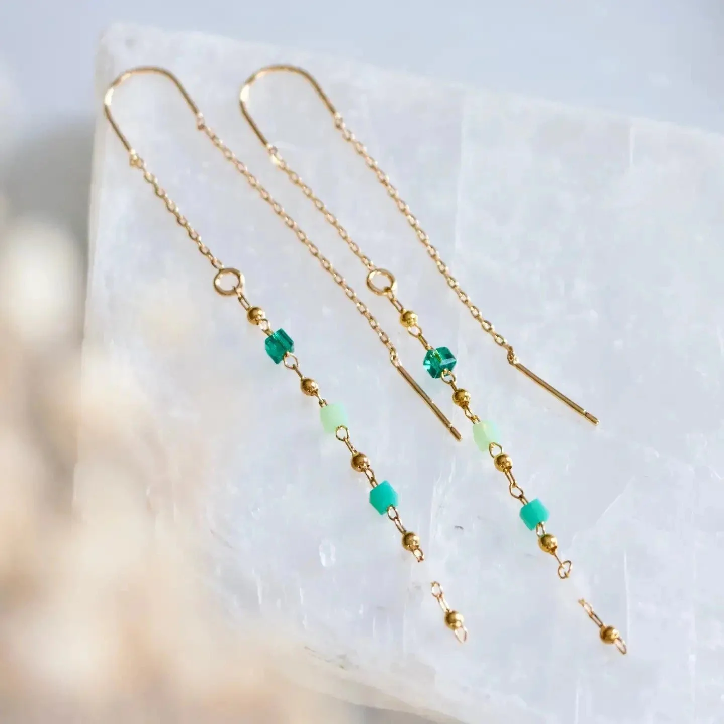Green Beaded Threader Earrings