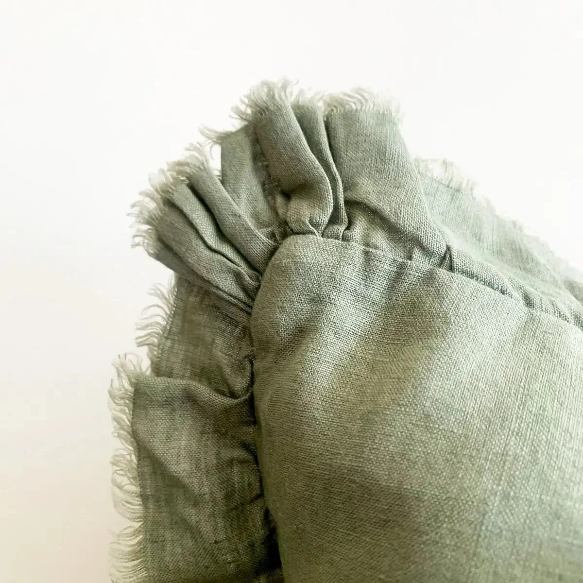 Pure French Linen Frayed Edge Ruffle Cushion - Khaki