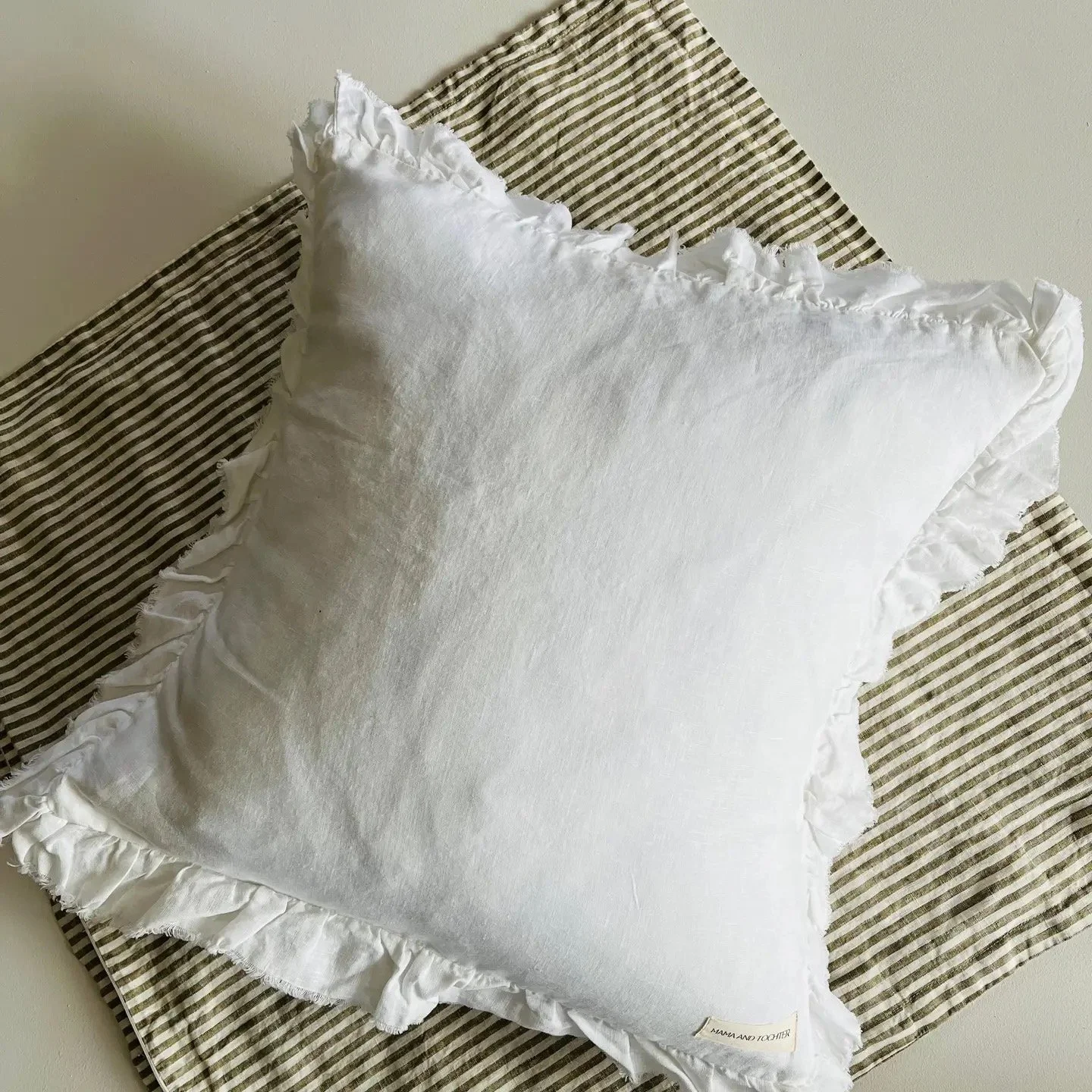 Pure French Linen Frayed Edge Ruffle Cushion Cover - White