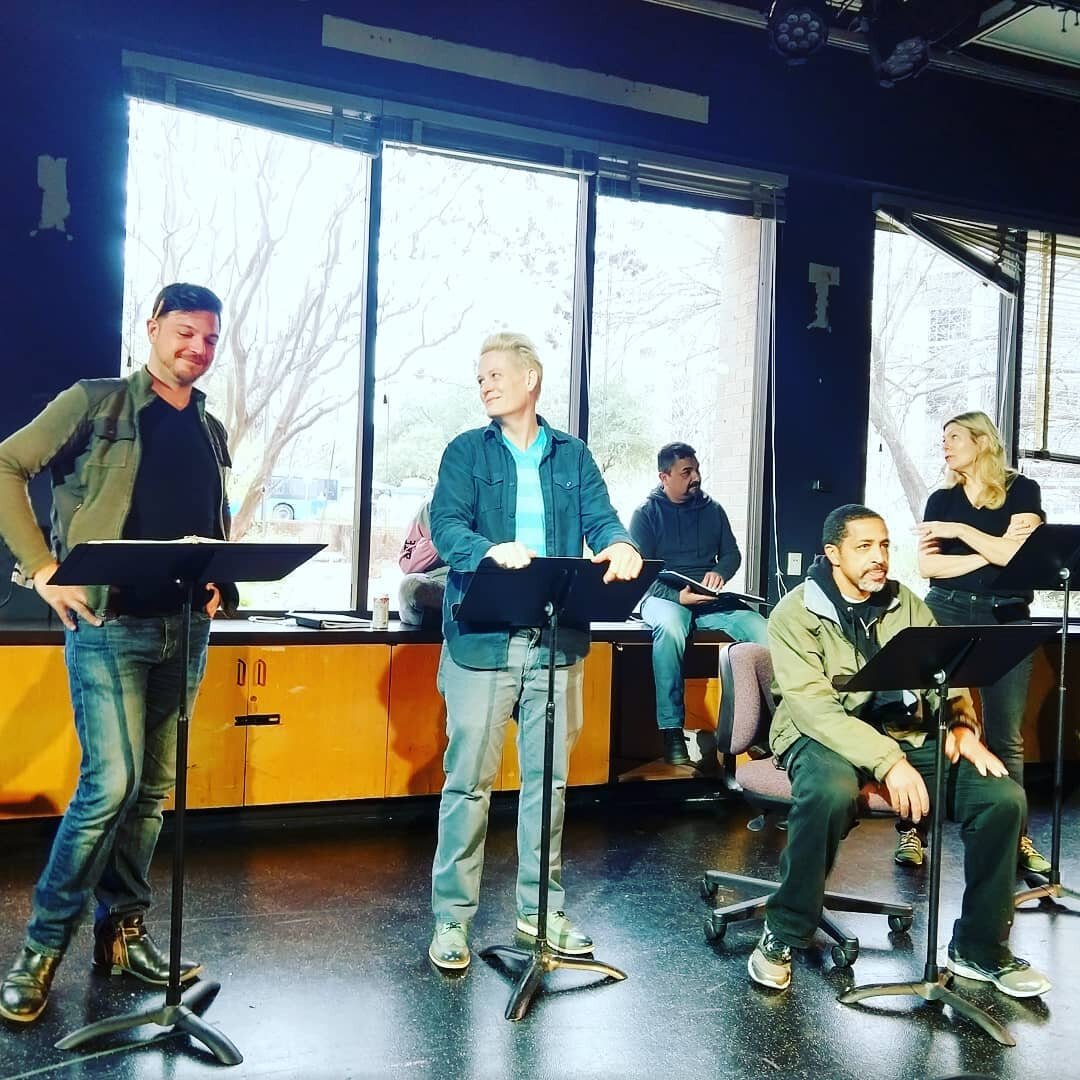  Clinton Williams as Mac, Jack Darling as Motor, Stan McDowell as Mikey, Meredith O’Brien as Miss Candace, and Cat Palacios as Julie at the UTNT reading. 