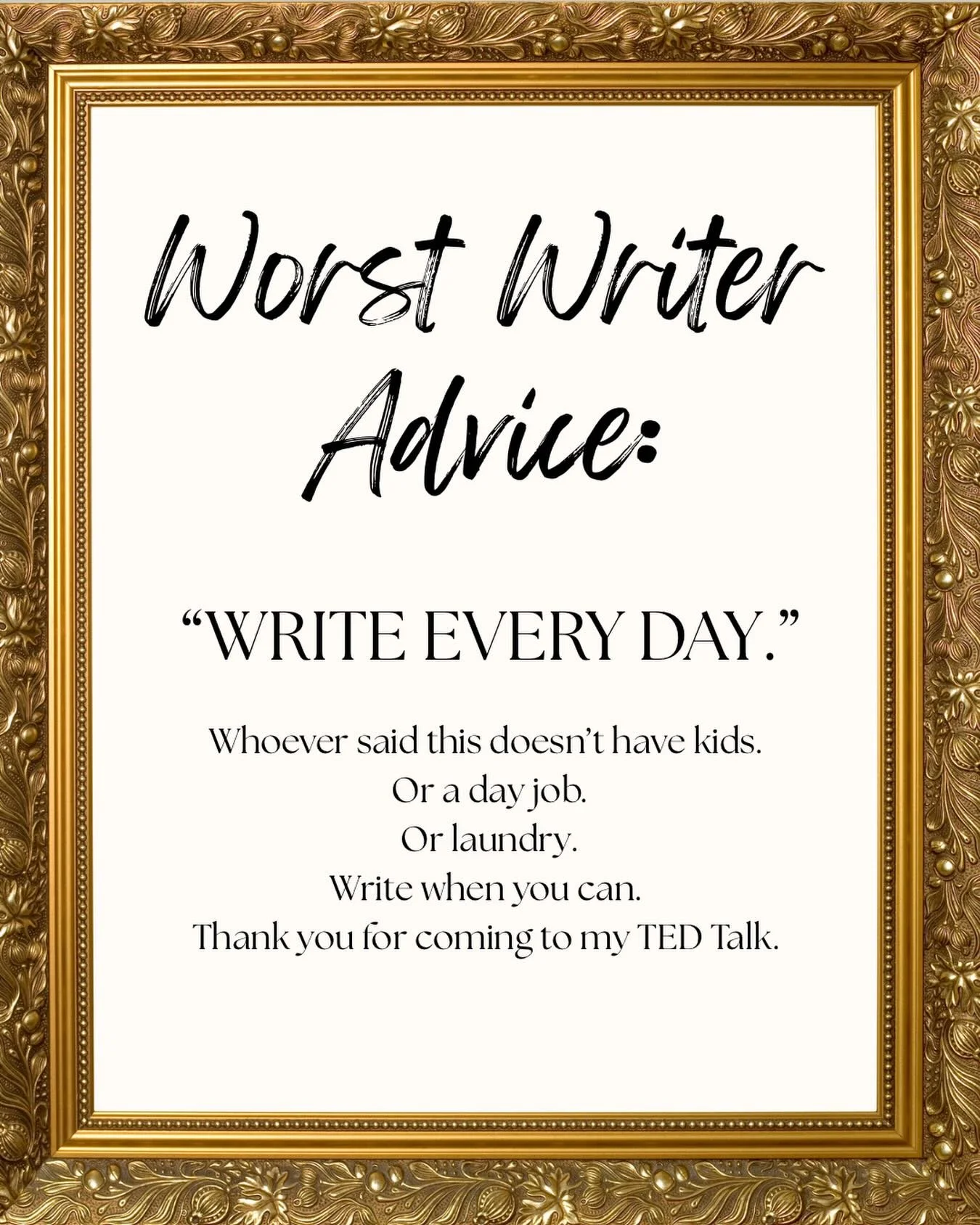 #authorapril26 Day 15: Worst writer advice?

Do I wish I could write every day? Of course. But it&rsquo;s not realistic even in the best situations. But here&rsquo;s the good news: you can put effort toward your writing career every day. Maybe that&r