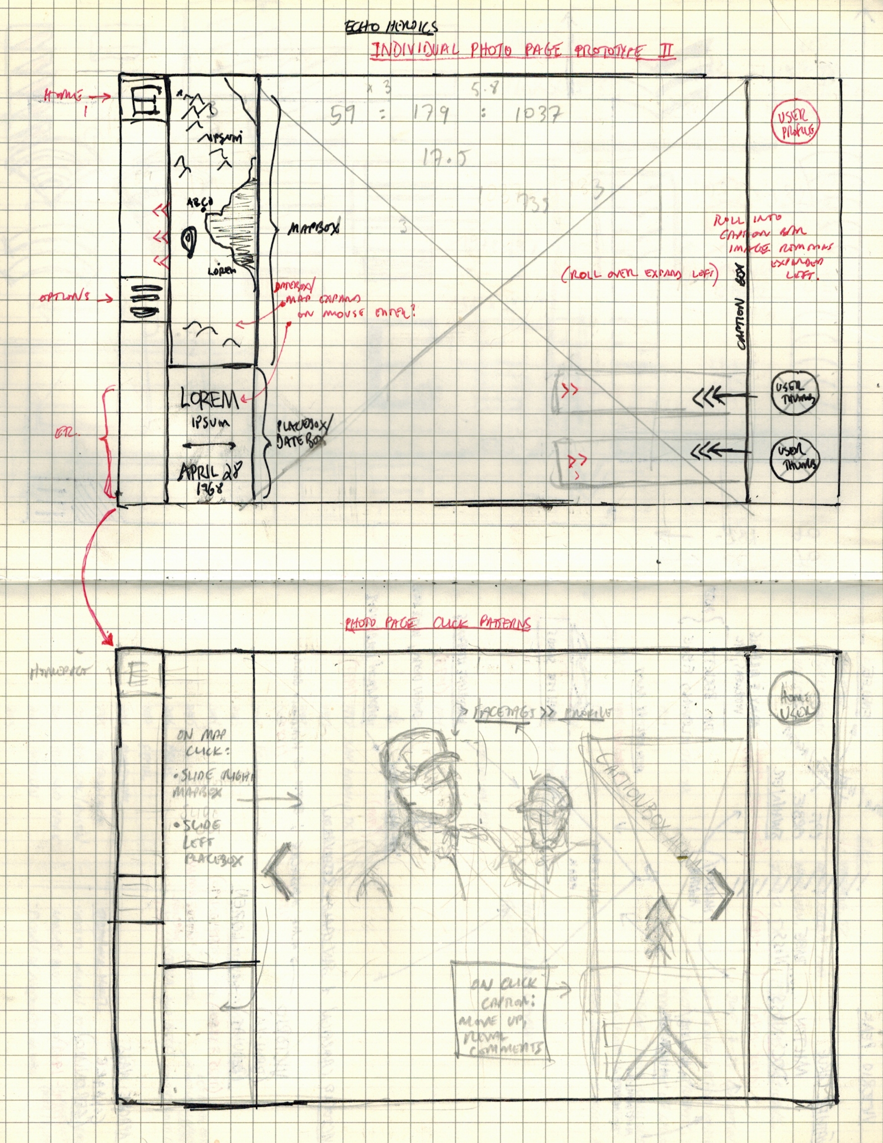 Two of my preliminary notebook sketches mapped out the interface and click-patterns for each photograph's dedicated page, which would feature a geotagged map, thumbnails of relevant user-profiles, and the date the photo was taken.