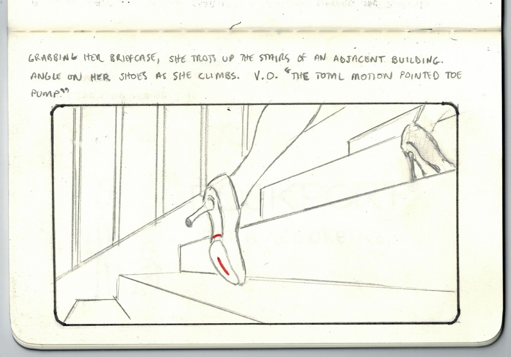 She picks up her briefcase and trots easily up the stairs of a nearby building as we angle on her shoes. A voice-over announces the product: "The Total Motion Pointed-Toe Pump."