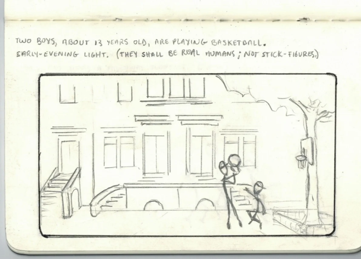 Okay so I'm not an artist. But these stick-figures, who in real life would be two boys in their early teens, are happily playing basketball on the sidewalk. The lighting should suggest early evening—the end of the workday.