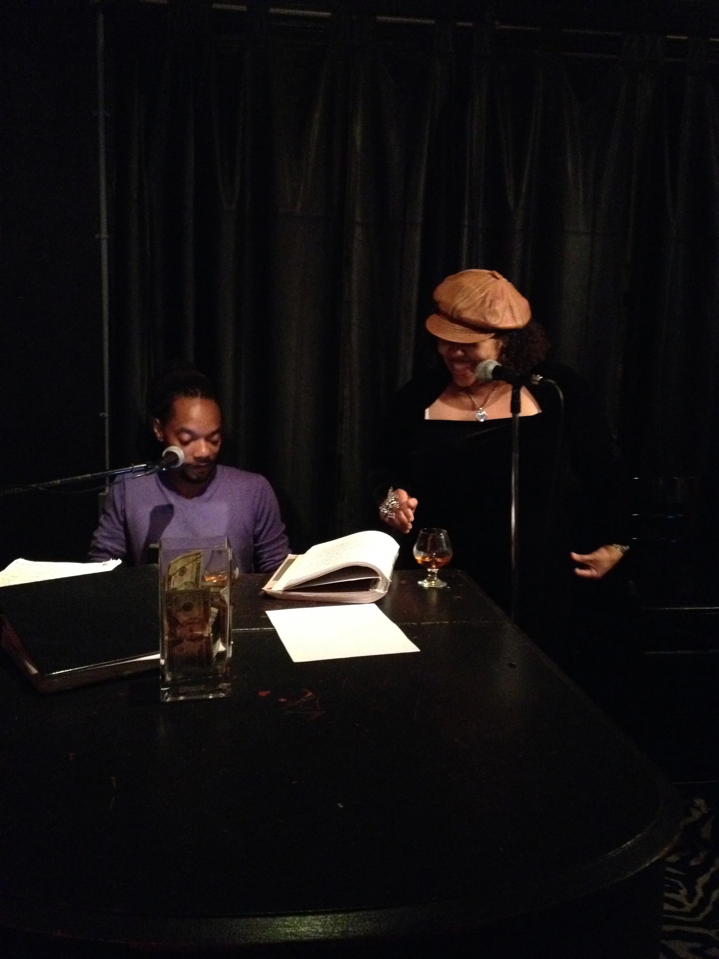 At the mic celebrating a birthday, with V. Shayne Frederick on piano