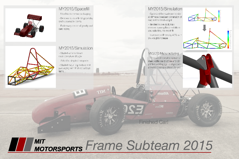  Freshman year I was an integral member of the frame subteam, and personally designed, iterated, and simulated our car's steel spaceframe.&nbsp; I also integrated most main car systems in the top car assembly and designed jigs for welding the frame.&
