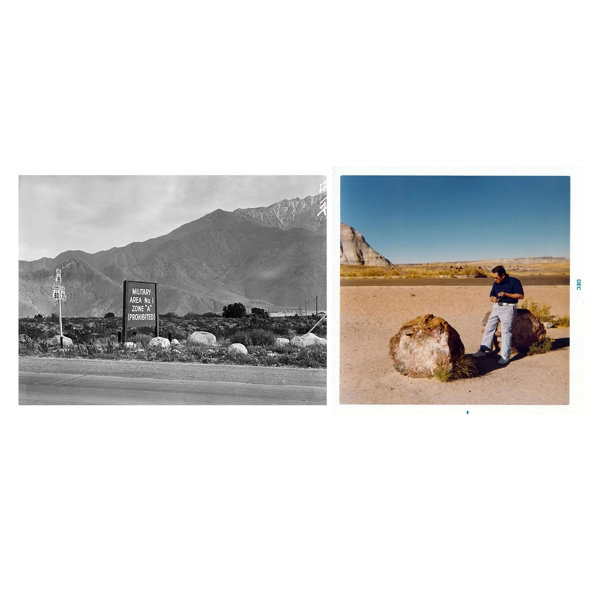  Right: Jack Sakai in the desert on pilgrimage back to the West Coast Left: National Archives photograph outside Poston Internment Camp 