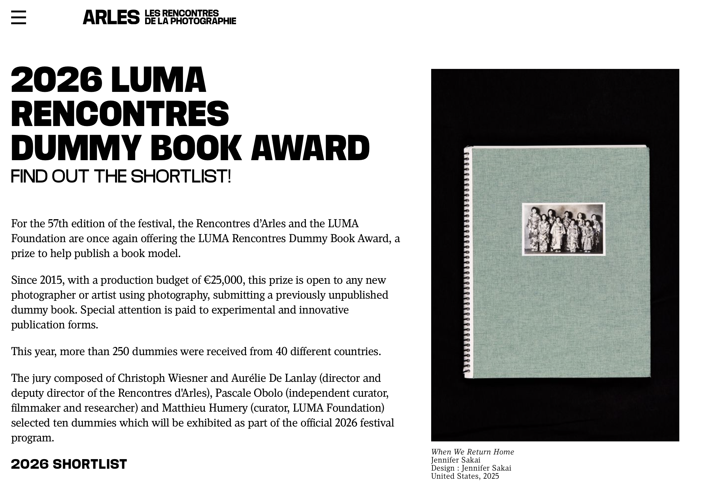 ARLES Dummy award shortlist June 2026, Rencontres d’Arles, Arles France 