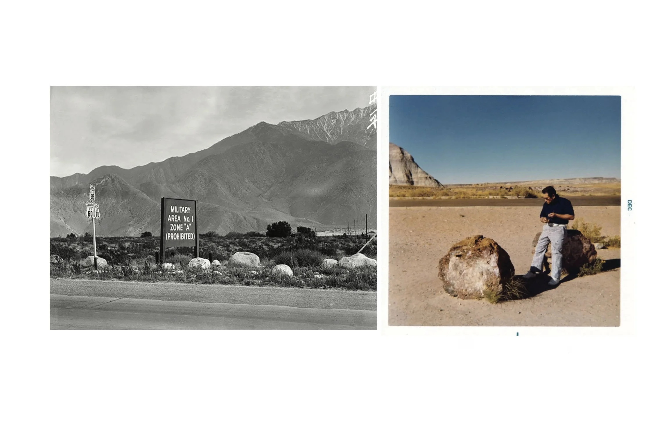  Composite image incorporating an archival photograph of Jack Sakai during a pilgrimage to the West Coast in the 1970s and a National Archives photograph of the Poston incarceration camp site. 