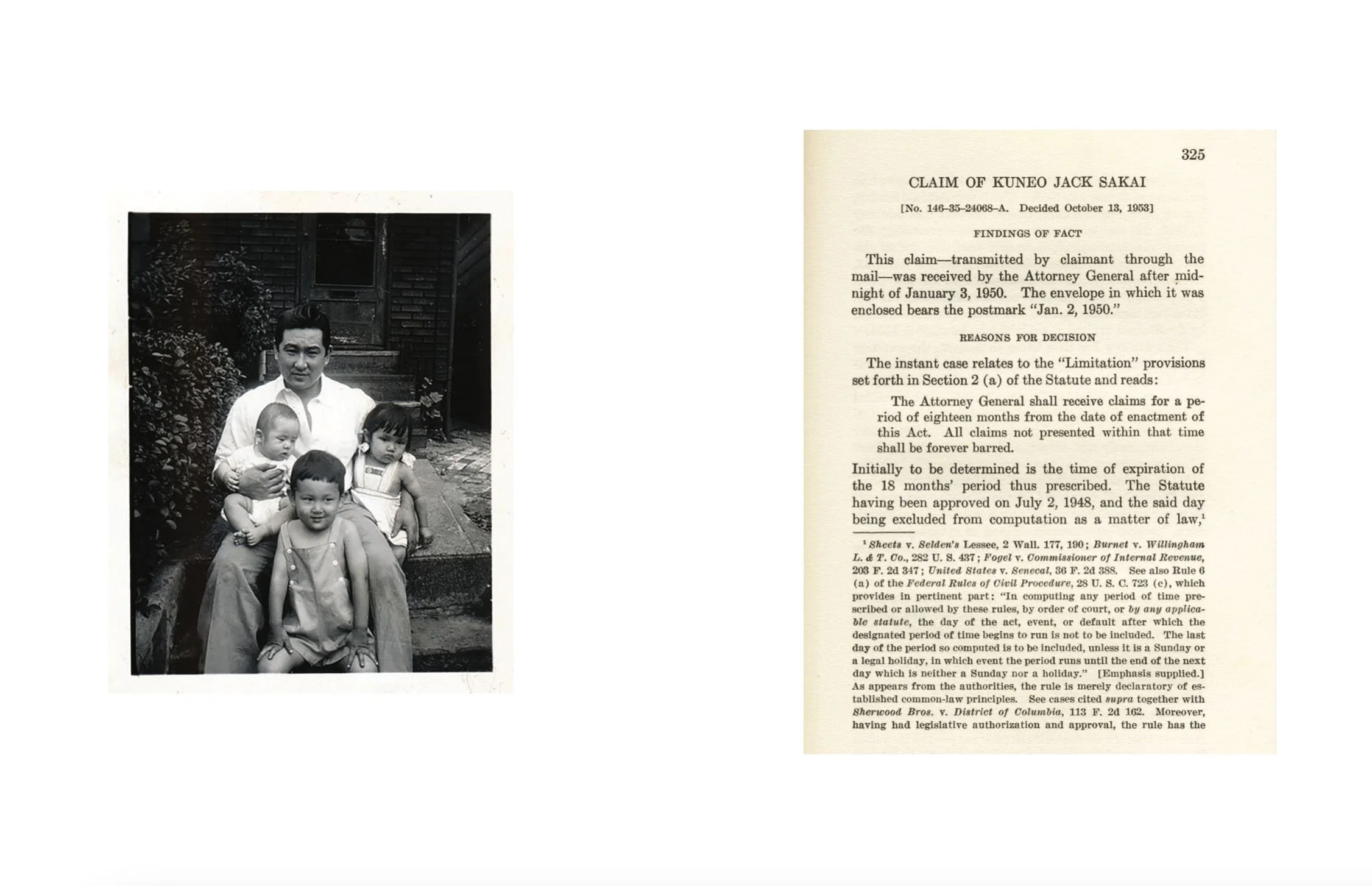  Composite image incorporating an archival photograph of the artist's father and uncle as children and a National Archives property loss claim filed by Jack Sakai in 1951, ultimately denied. 