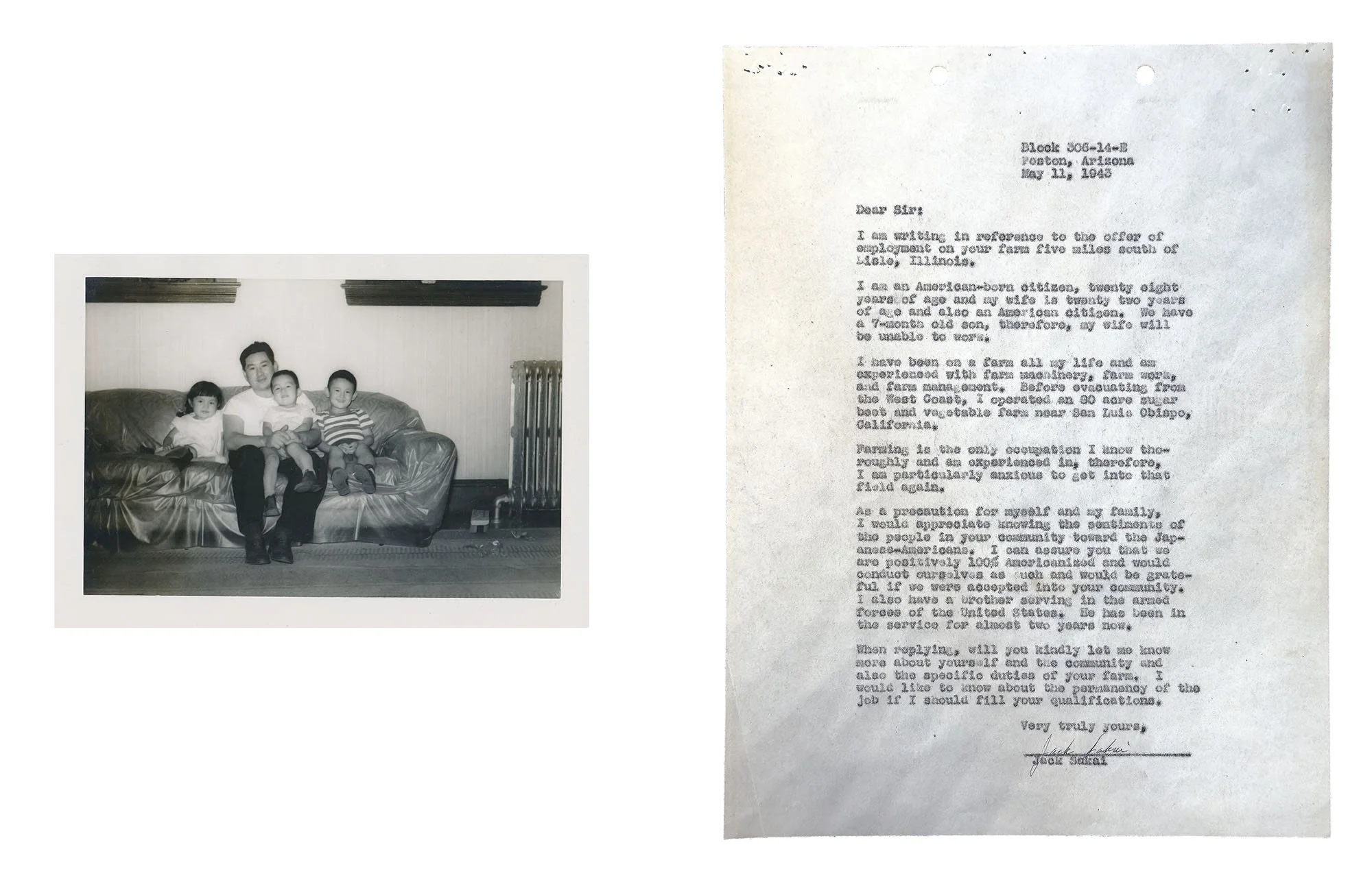  Composite image incorporating an archival photograph of Jack Sakai with his children, c. 1949, and his May 11, 1943 letter written from Poston incarceration camp. 