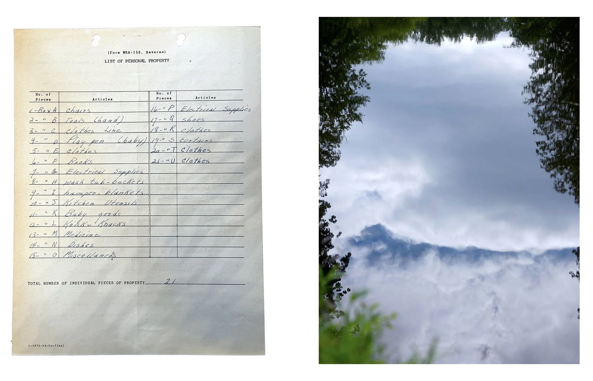  Composite image incorporating a National Archives inventory of Jack Sakai's personal property from Poston incarceration camp and a contemporary landscape photograph of the sky reflected in water. 