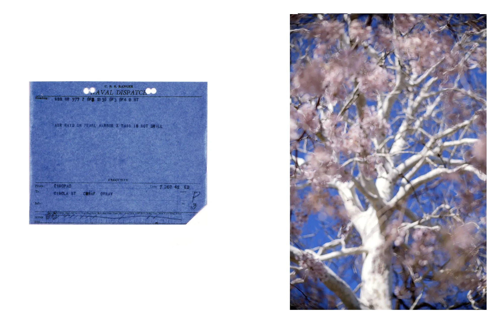  Composite image combining a National Archives image of the military alert following the bombing of Pearl Harbor (December 7, 1941) with artist’s contemporary photograph. 