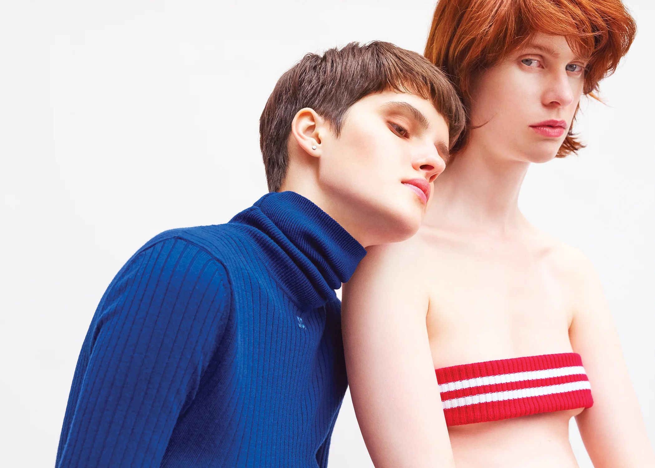 left to right top : PUBLIC SCHOOL turtleneck : COURREGES earring AOKO SU courtesy of ALBRIGHT FASHION LIBRARY photographer - ENRIQUE BADULESCU stylist - Romina Herrera Malatesta models : MARIA K @ MUSE SARAH ABNEY @ MUSE . casting director : JULIUS POOLE . production : MIHAI BADULESCU . photo assistant: KYLE MAY . digital tech : ALEX HOPKINS . hair : YUKIKO TAJIMA@ SEE management using Oribe . makeup : MISHA SHAHAZADA @SEE management using Terry stylist asstistants : KRISTINA HAMNER, CAROLYN BRENNAN, HALEY WELLS retouching: BESPOKE DIGITAL special thanks: Aaron Griedorn @ Bespoke Digital
