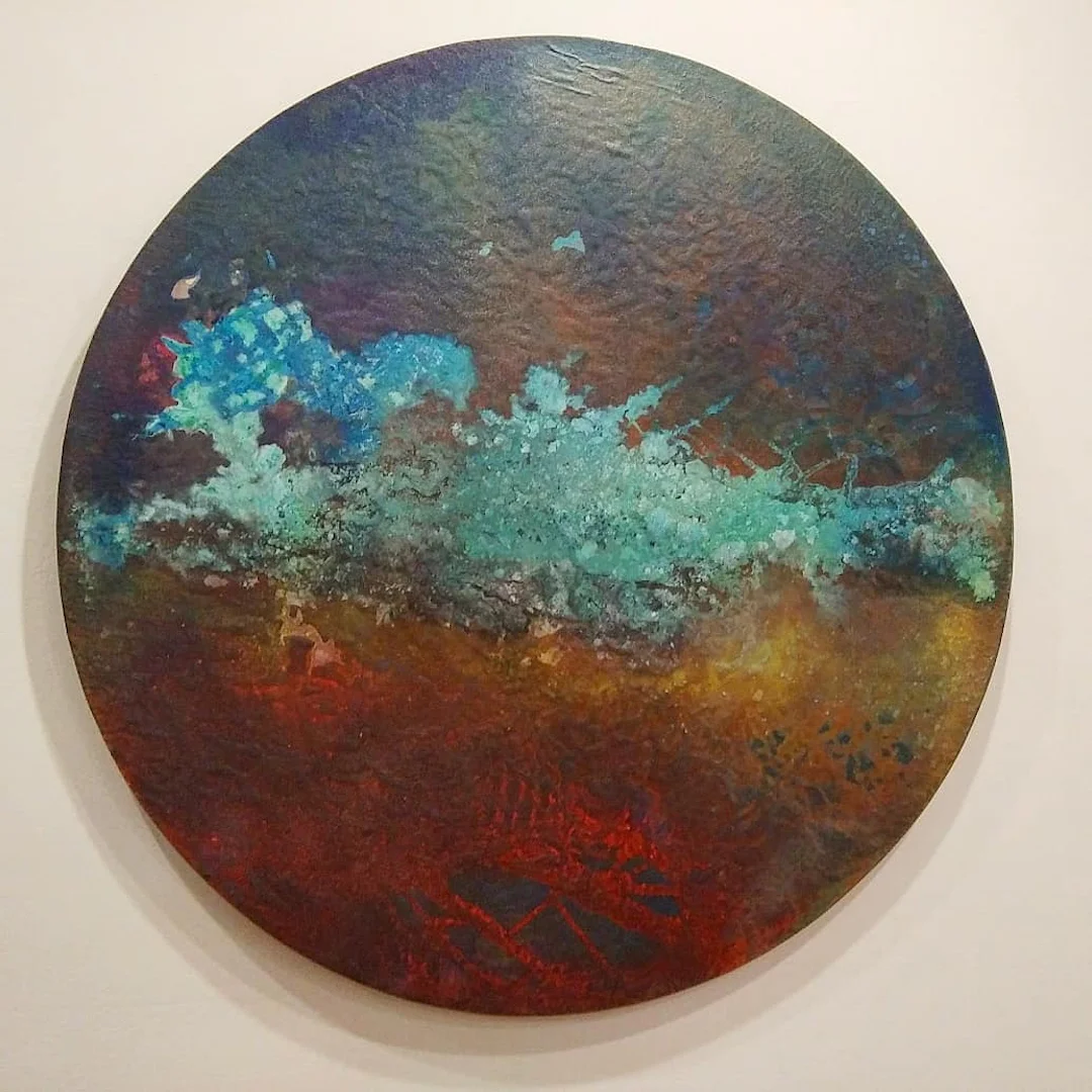 Beautiful Devastation 2017 48" diameter canvas on panel with graphite mica, copper patina, pigment and polymer.