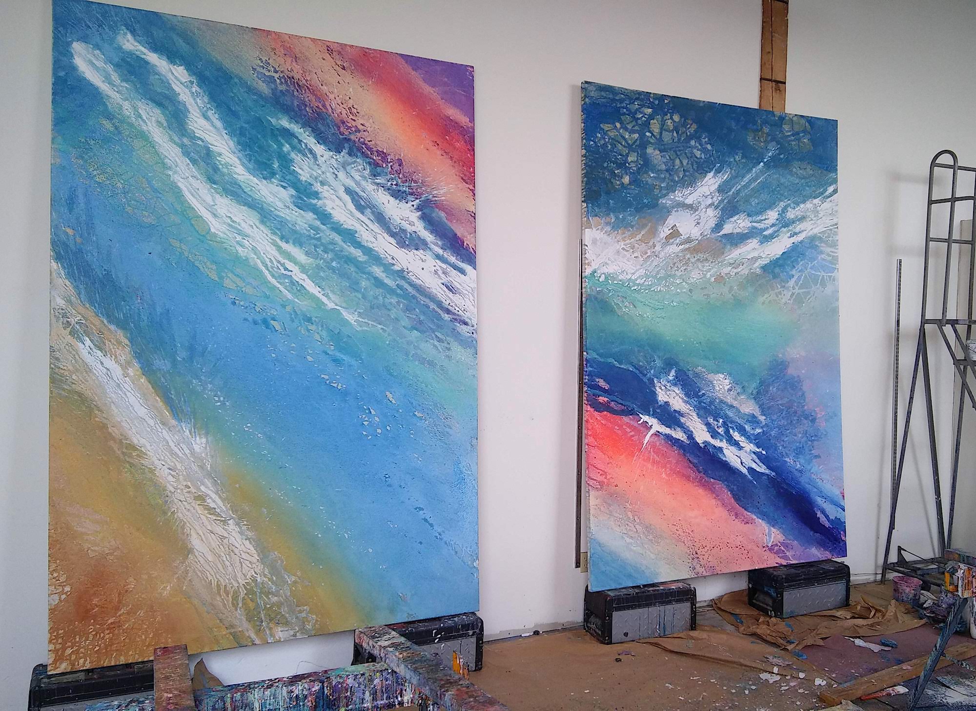 108 x 144” Diptych. Dimensions and orientation variable. Roman limestone, Carrara marble powder, mineral pigment and polymer on canvas. Made in California, 2018.