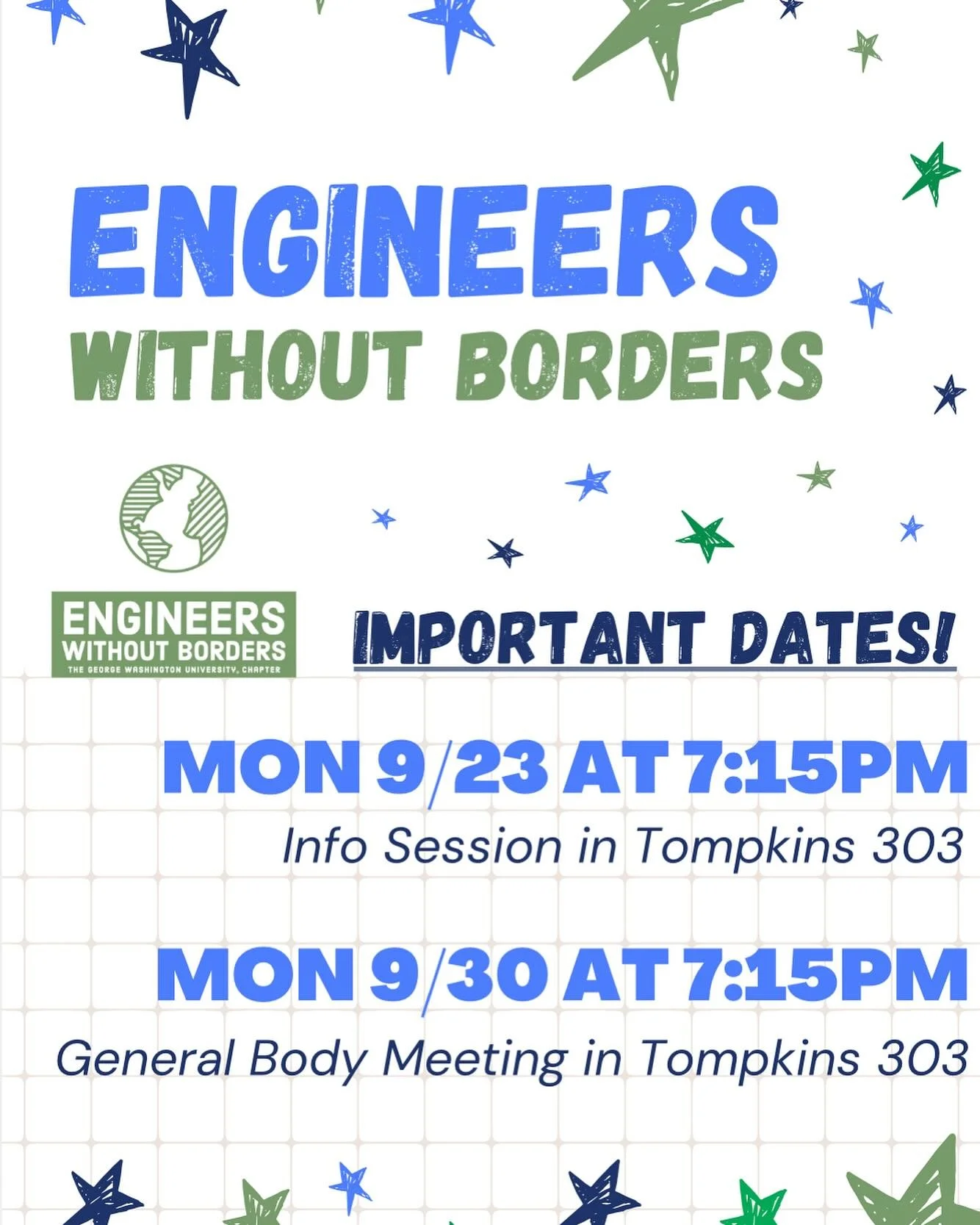 Here are some important upcoming dates! Learn more about EWB at our info session next Monday and come in for our first General Body Meeting of the semester. See you all there!