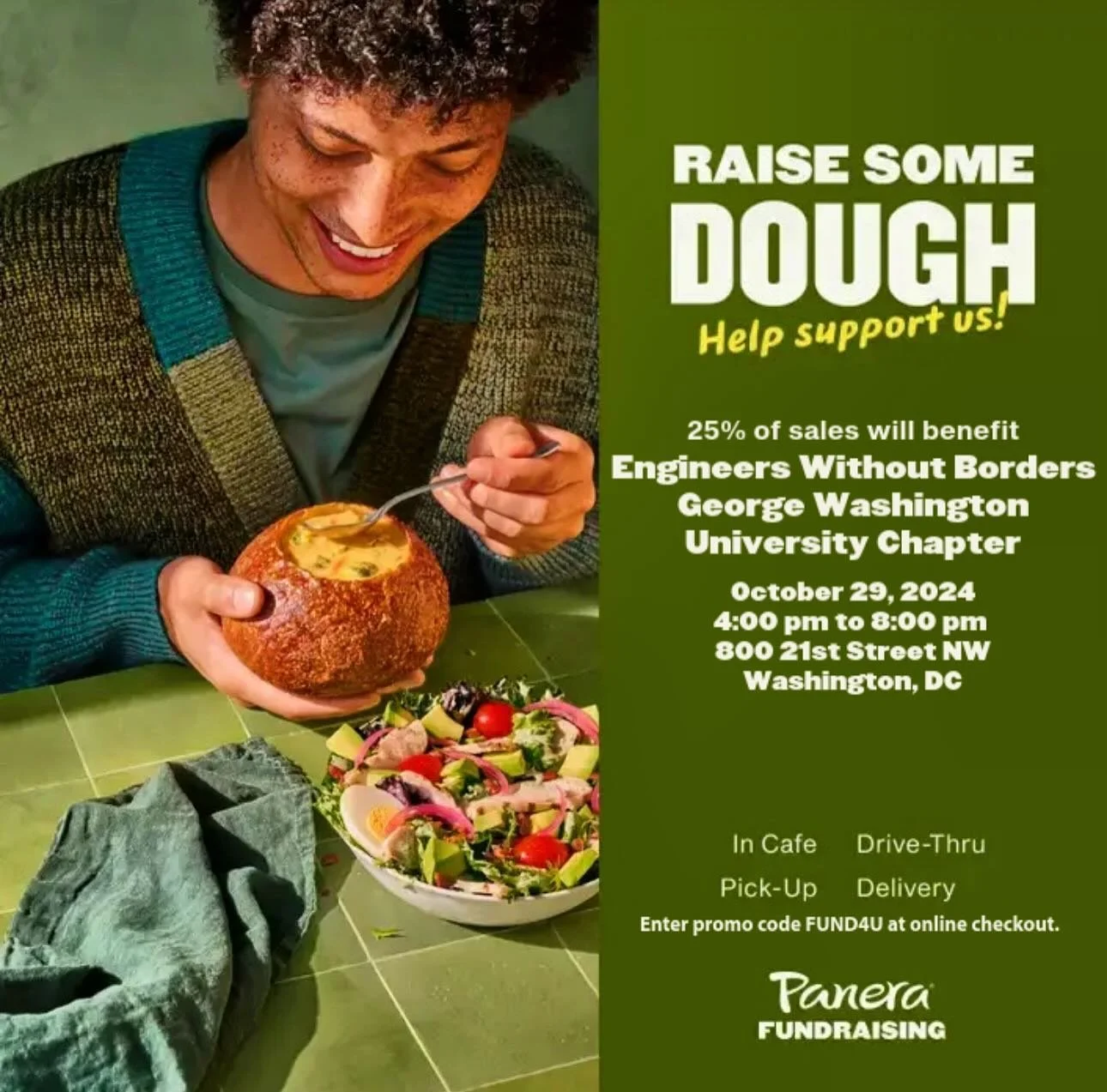 Looking to help EWB in an easy and delish way? Use our code at the Panera in the USC on TUESDAY, OCT 29 from 4 to 8 PM 🌟 We hope to see you all there!