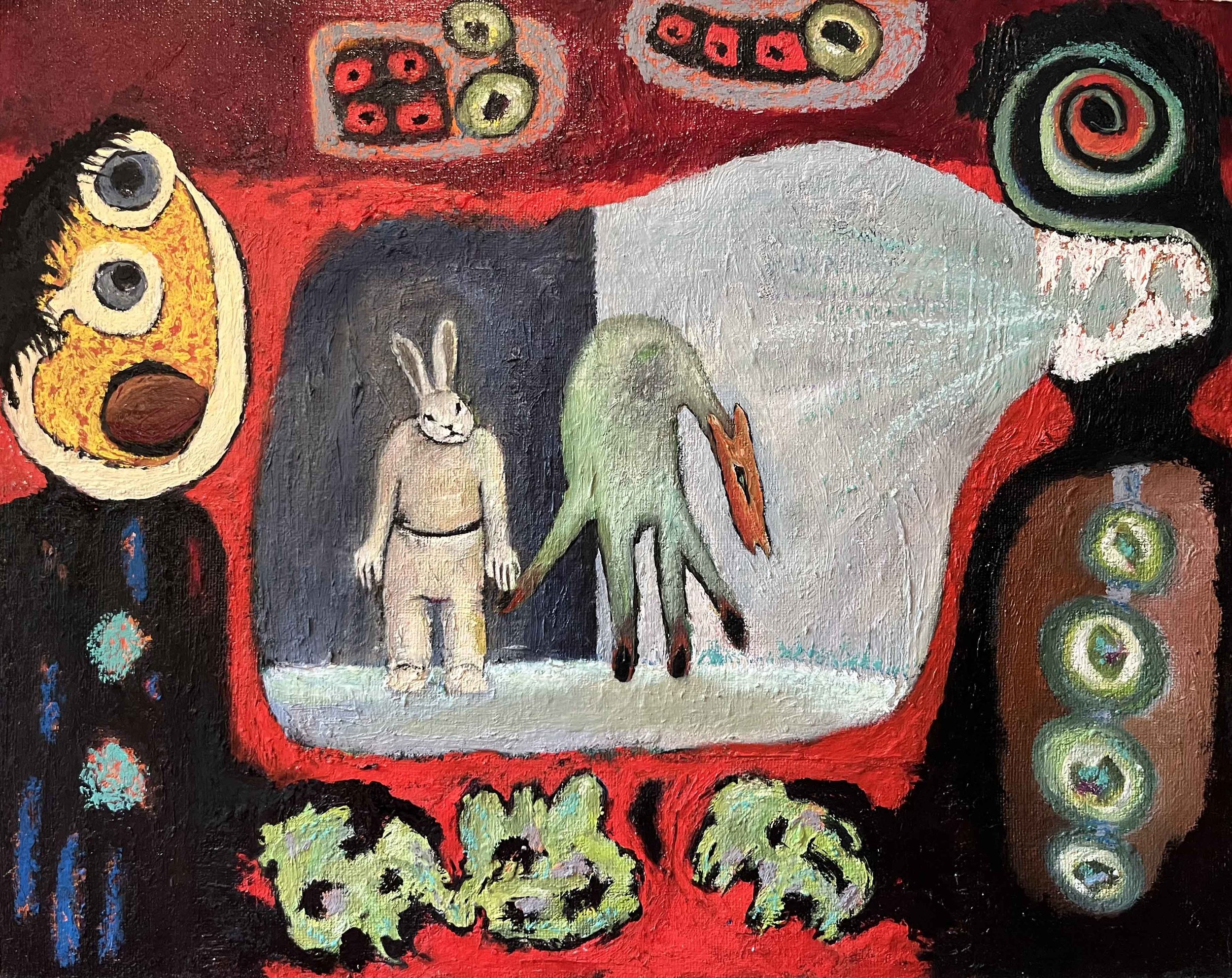“The Swindle” 2020+2024 - Oil, Pastel and Ink On Masonite Board - 24” x 30”