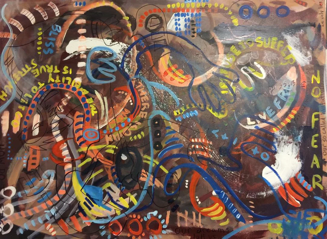 Titled: No Fear. Dimensions: 30 x 40 inches, Canvas, Acrylic, Permanent Marker, 2017