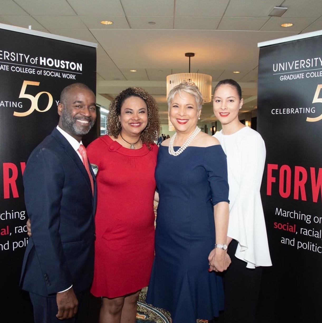 University of Houston Graduate College of Social Work Luncheon: Celebrating 50 Years. April 11th, 2019 at the Hilton Americas in Houston, Texas. Photo from Left to Right: Mark Anthony Hawkins, AVM Hawkins, Laurie Vignaud and Lindsey Vignaud Marshall Ott.