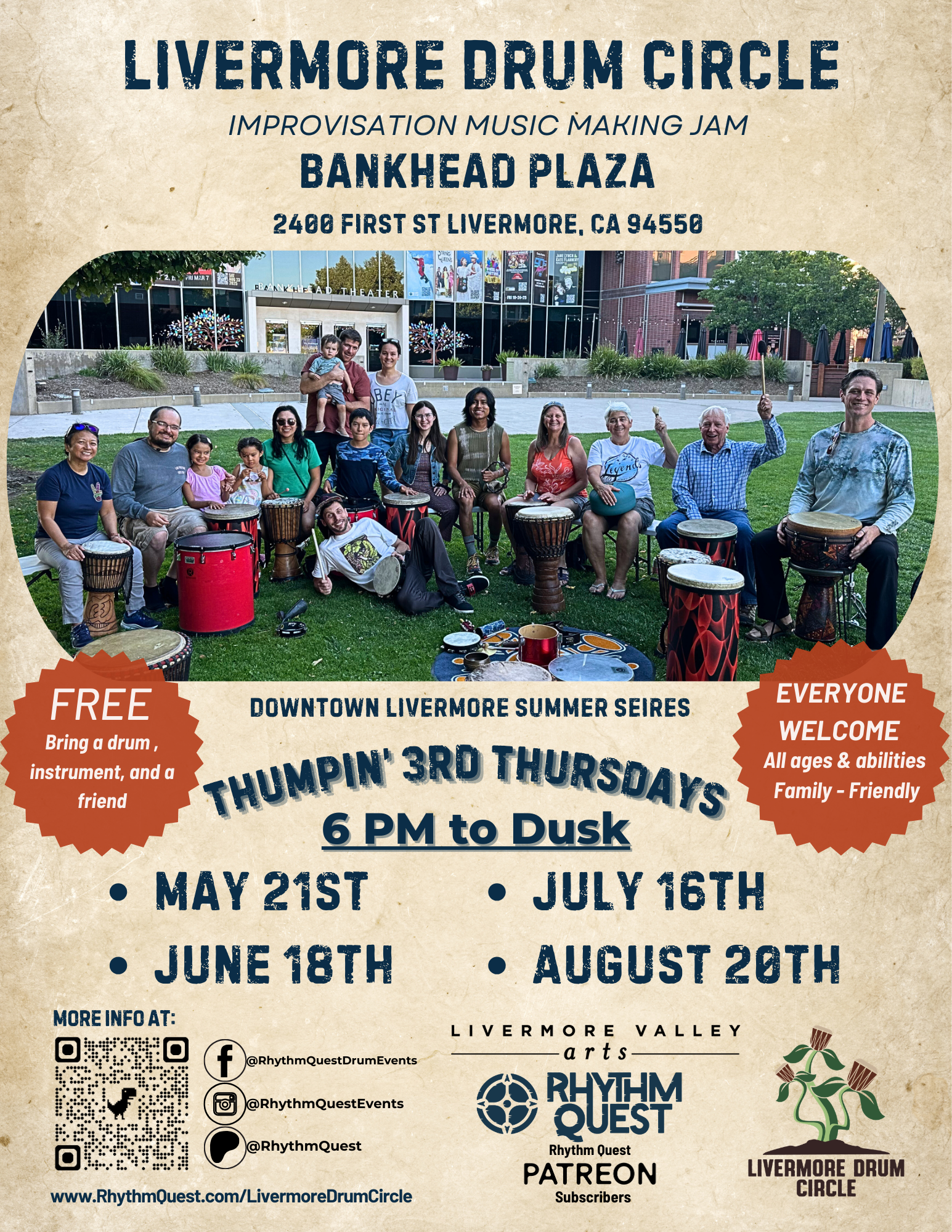 Livermore Drum Circle - Thumpin' 3rd Thursdays at Bankhead Plaza. Free community drum jam May through August 2026, 6 PM to dusk. All ages welcome. Family-friendly improvisation music making