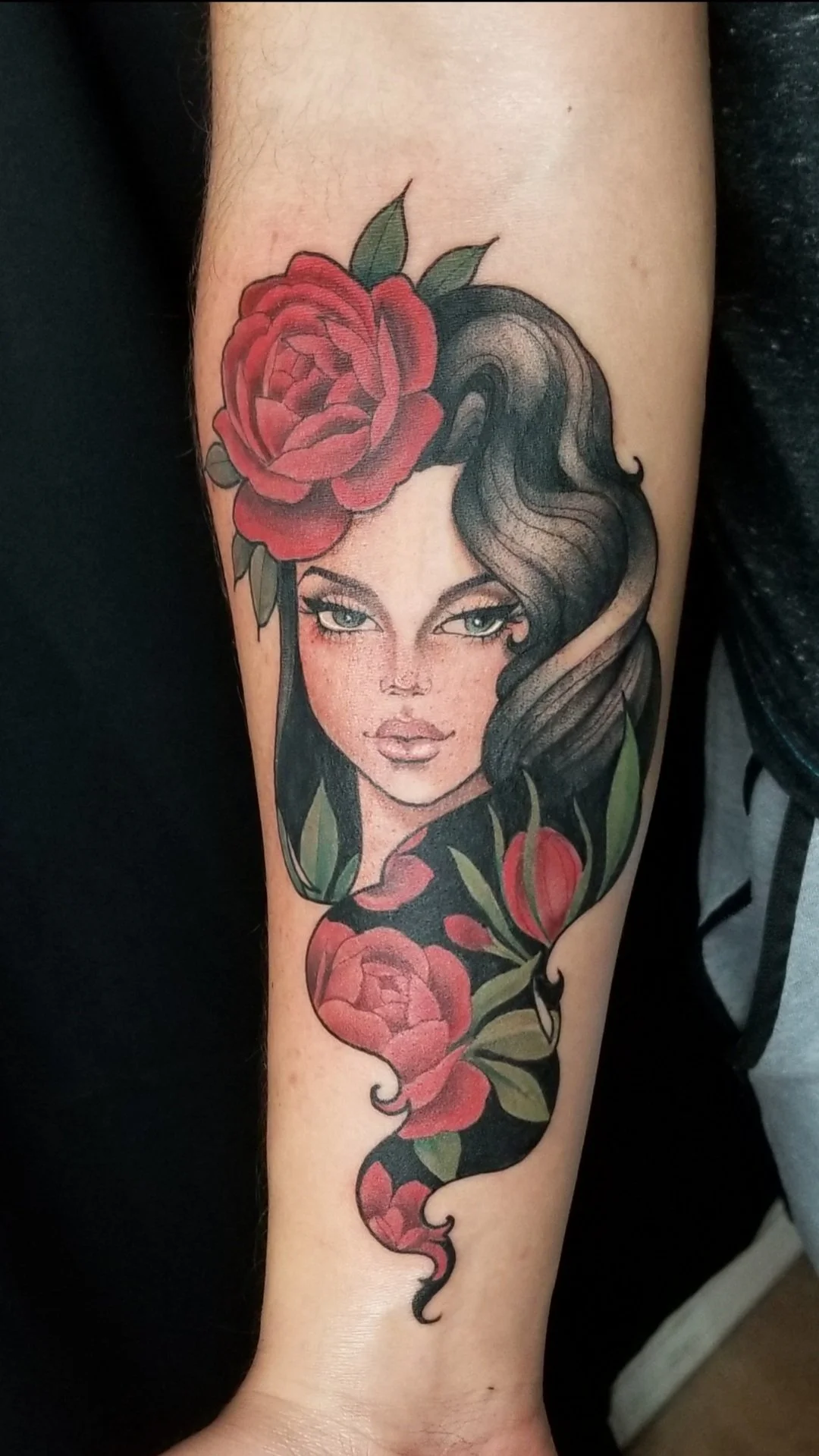 Lady Face with Red Flowers Hair Tattoo by by Los Angeles Tattooer Alayna Magnan
