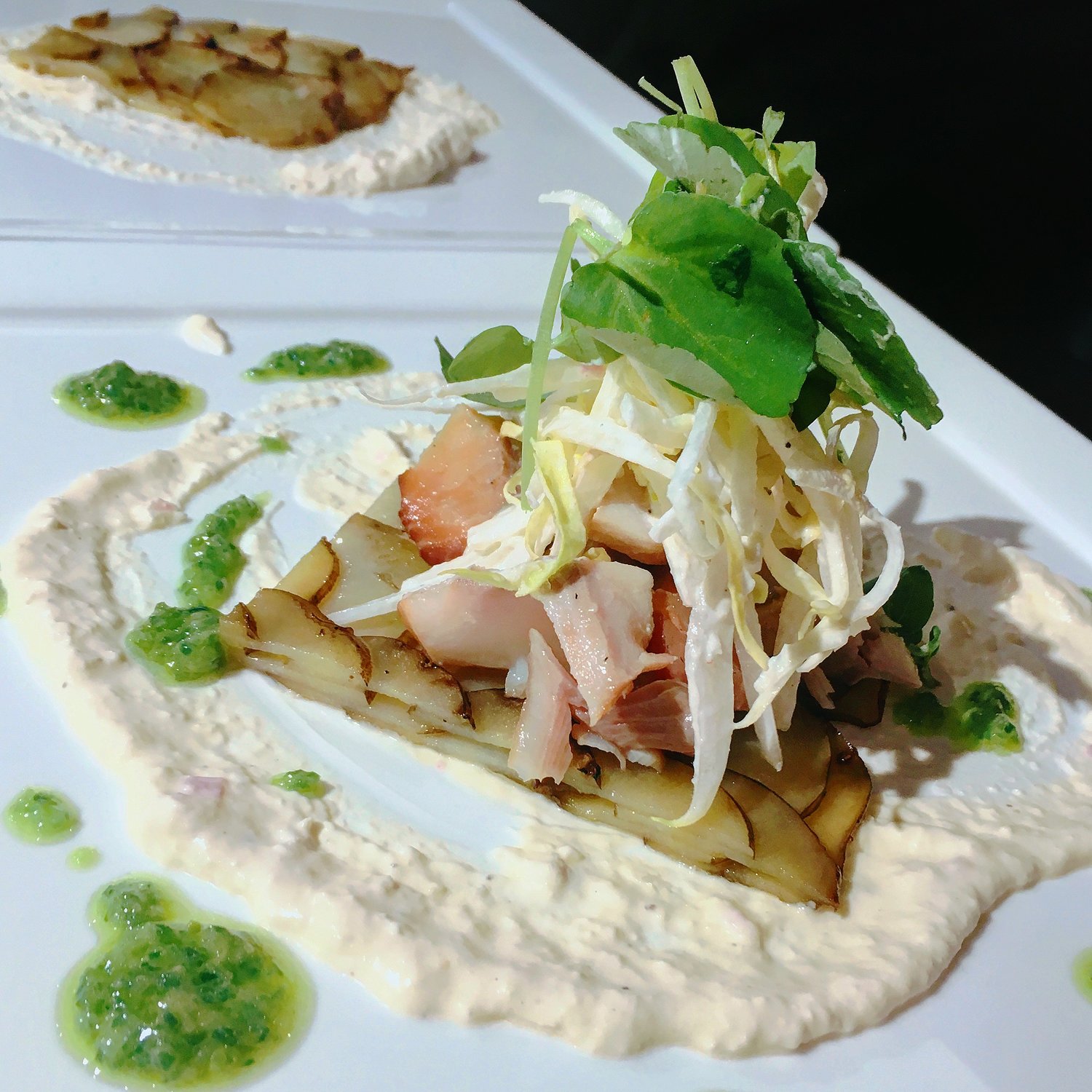 Smoked Trout, Endive & Potato Salad with Green Onion Oil and Horseradish Creme