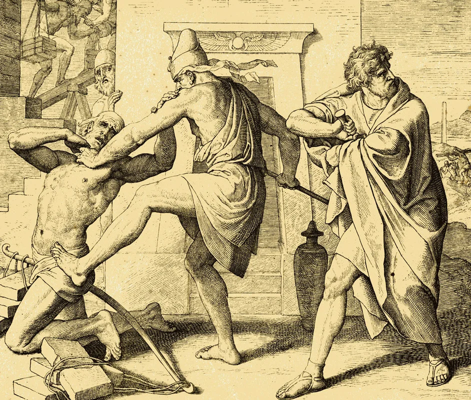 Moses killing the Egyptian.