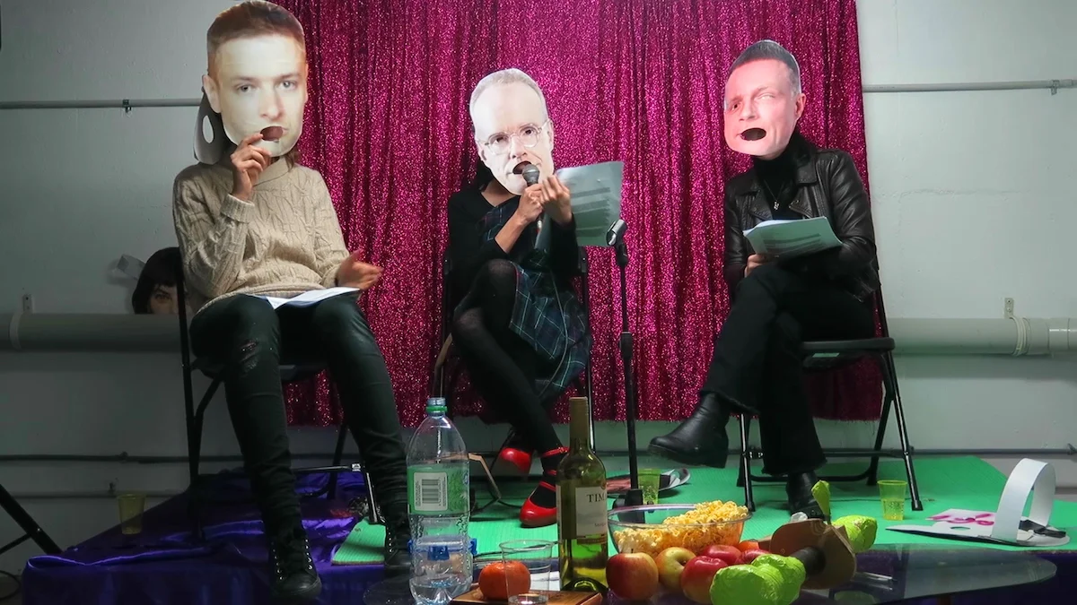 Riff Raff, Are we there yet?, video still, 2016. (Masks featuring: artist Simon Denny, curator and Serpentine artistic director Hans-Ulrich Obrist, art historian and Royal Academy of Art artistic director Tim Marlow).