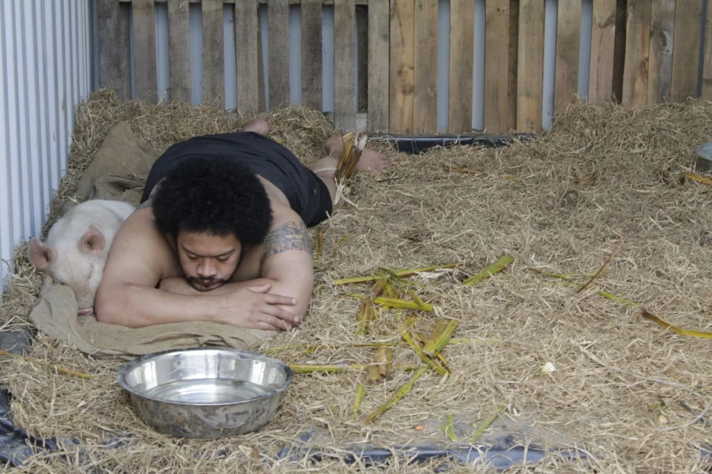 Kalisolaite "Uhila, Pigs in the Yard, 2011 The Performance Arcade, Aotea Square, Auckland (Photo courtesy: Sam Trubridge) 