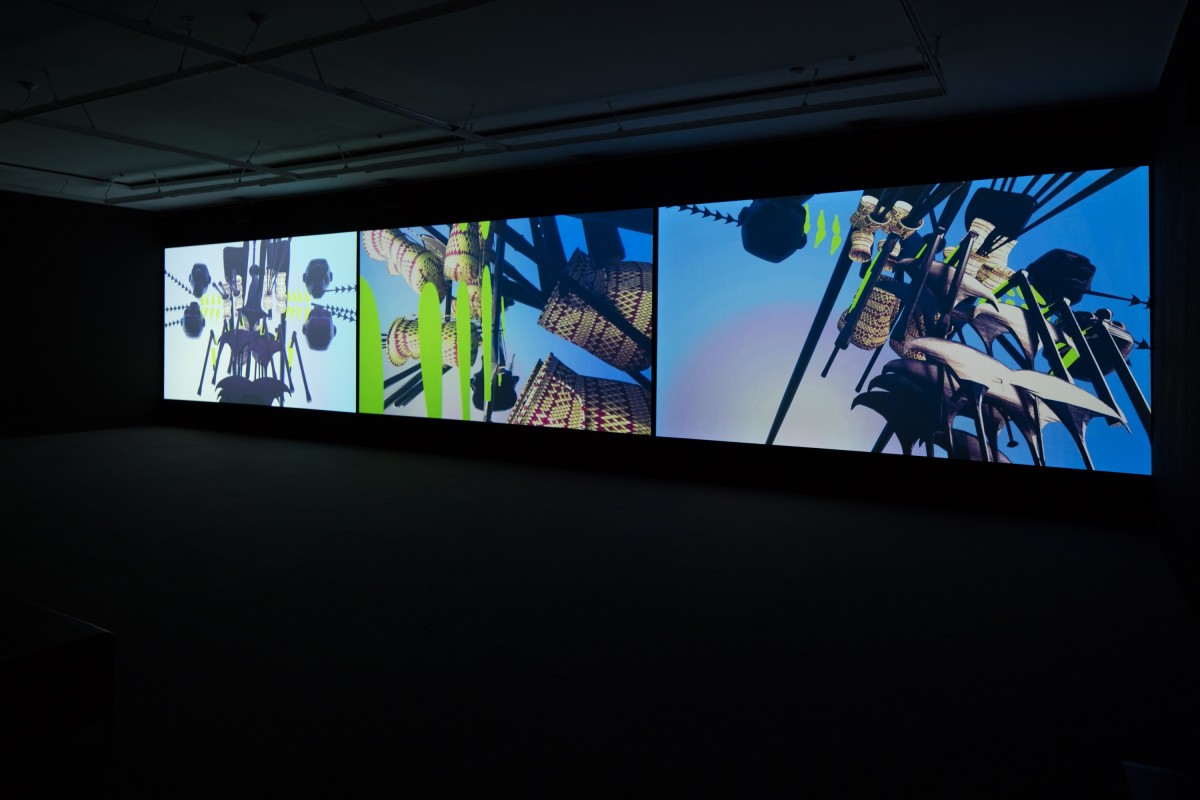 Rangituhia Hollis, Oho Ake , 2016 (install view) 3 channel colour HD video, 6.2 channel audio, 10:08 mins looped commissioned by Te Tuhi, Auckland photo by Sam Hartnett