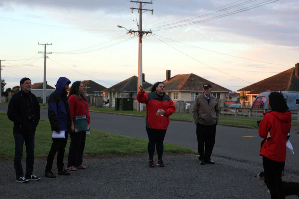 Darcell Apelu, Generation Exchange (Patea) , 2016 a walking tour of Patea, 6:00-8:00 am, 24 September 2016, photo by Bruce E. Phillips.