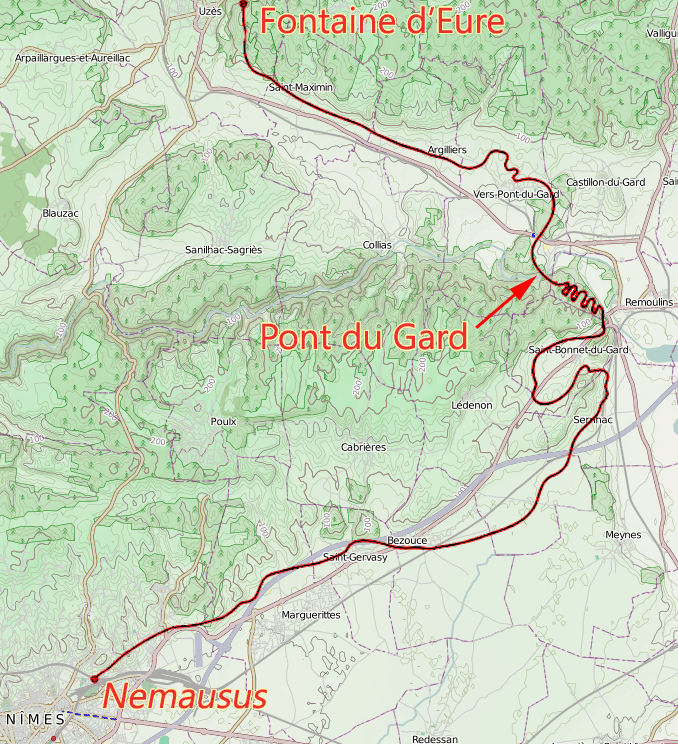 Relief map of the route of l’aqueduc de Nîmes showing the detour required to circumnavigate les garrigues de Nîmes