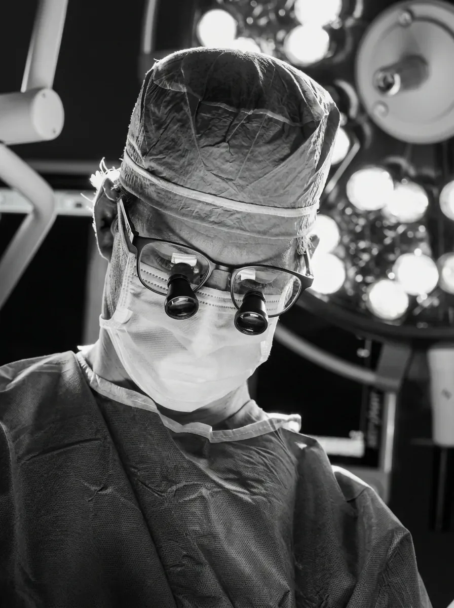Dr. Chad Patton wearing surgical loupes during spine surgery in the operating room