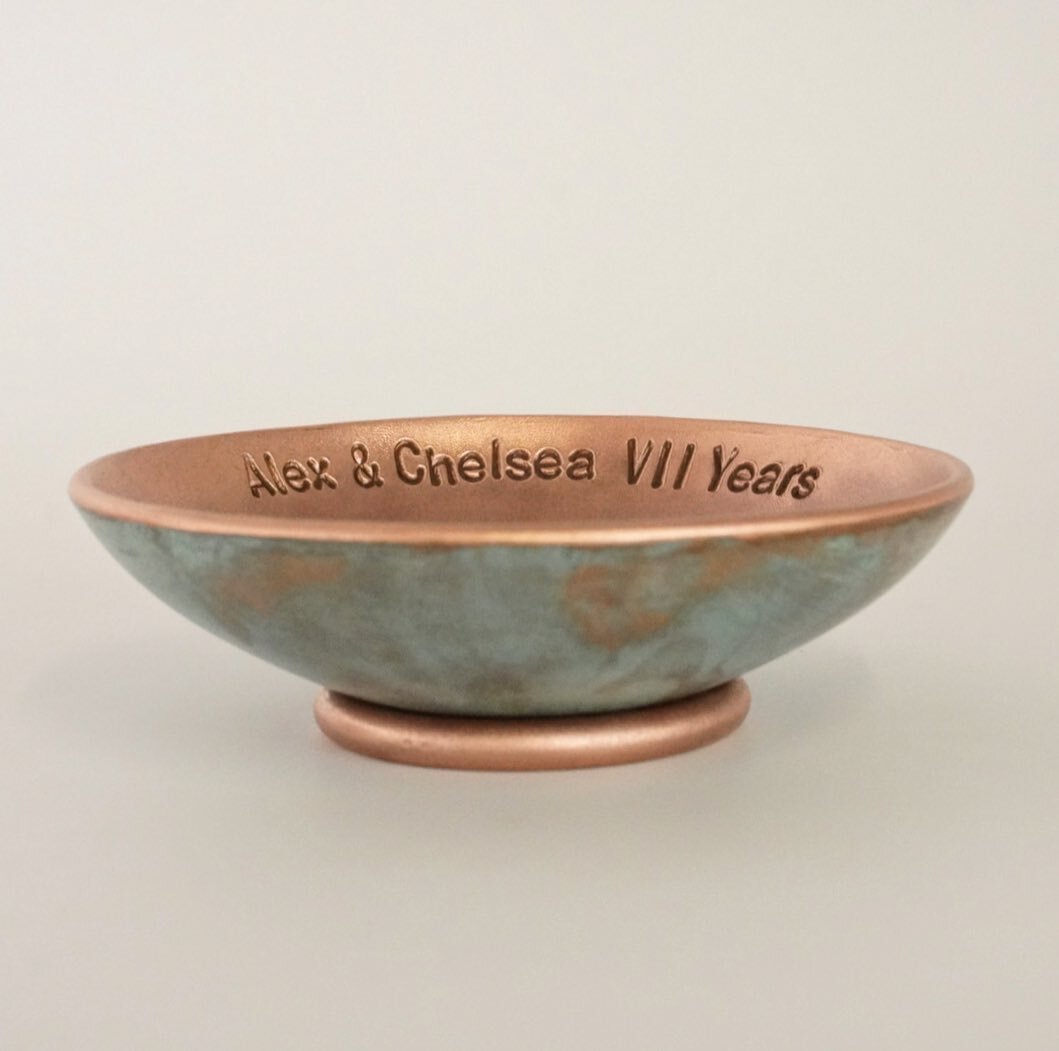 Personalised Copper Ring Dish with Green Patina, 
Available Now with your own Personalisation! 

#copper #ringdish #copperbowl #handmade #copperdish #greenpatina #copperpatina #verdigris #jewelrystorage #jewellerystorage #ringstorage #anniversarygift