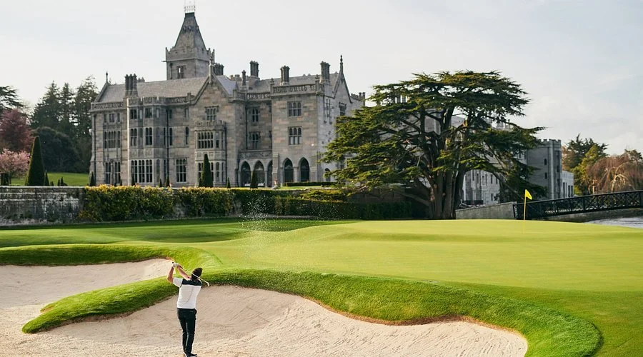 Una persona jugando golf en un campo cercano a un castillo grande y antiguo, con un árbol grande y un puente en el fondo.