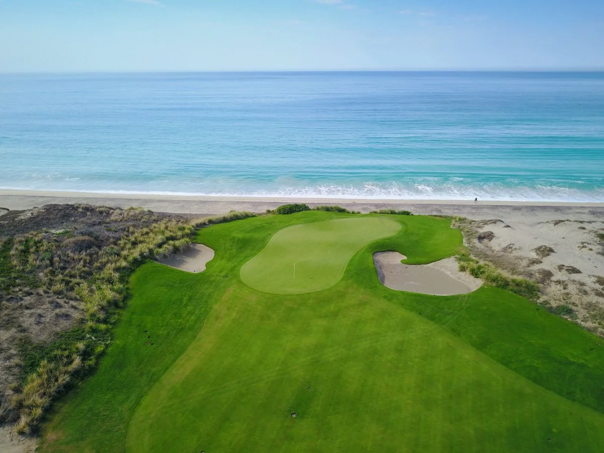 Vista aérea de un campo de golf junto a la playa con arena y vegetación.